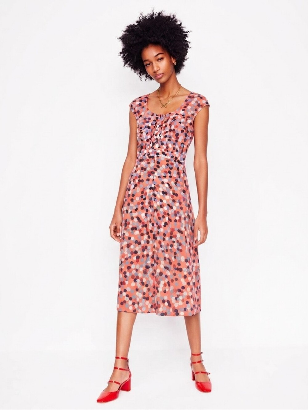 Boden Coral and Navy Polka Dot Cap Sleeve Midi Dress